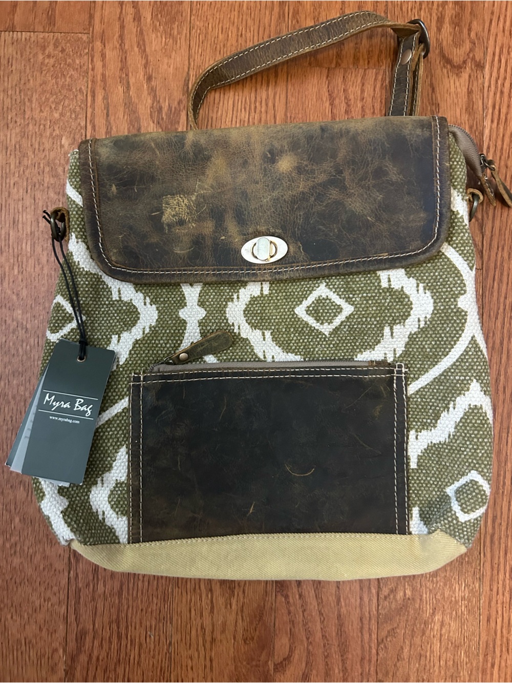 Myra Bag Olive & White Patterned Canvas Backpack with Brown Leather Trim
